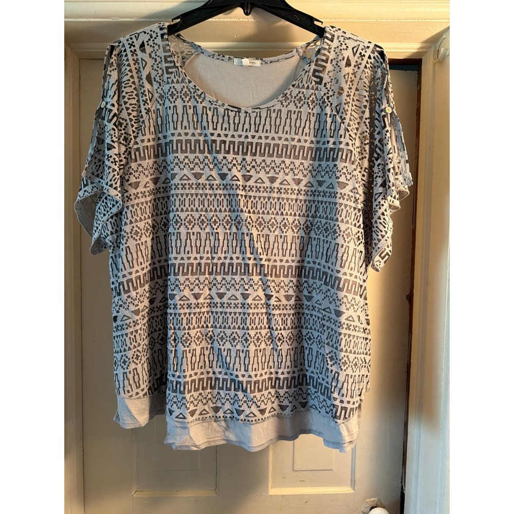 Ava James Womens 2X Grey Black Burnout Tribal Geometric Layered Top Short Sleeve